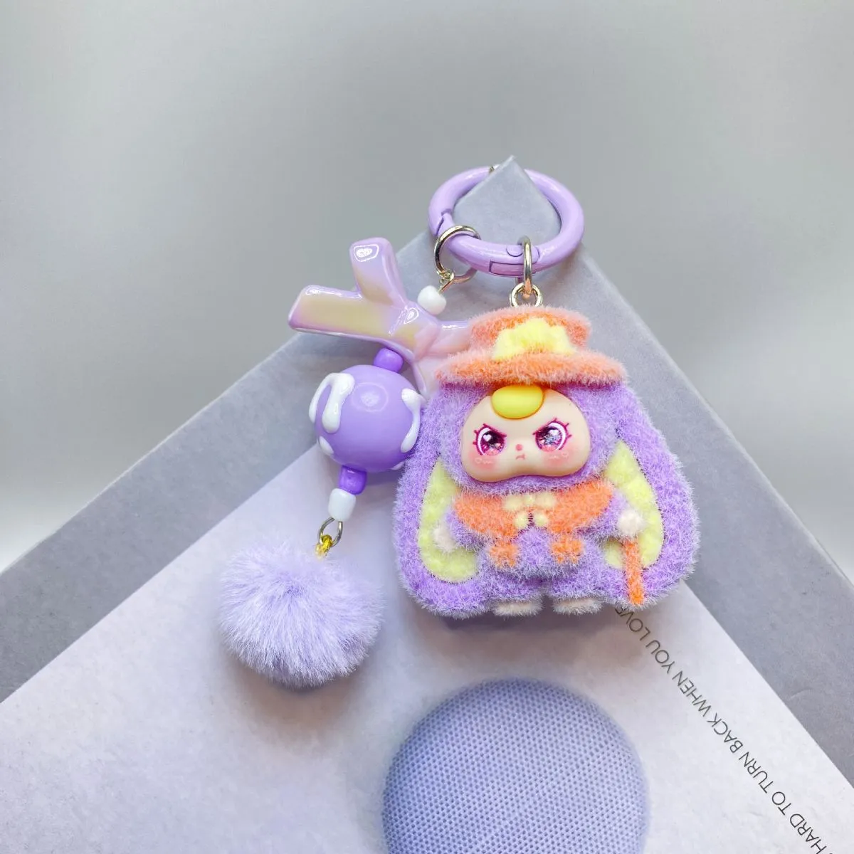 Bow Flocked Big-Ear Doll Cartoon Keychain – 3D Plush Figure Backpack Charm, Cute Stuffed Toy Pendant for School Bags & Keys